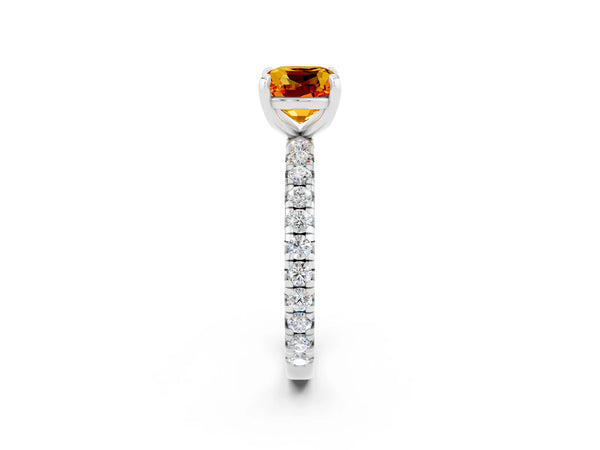 Silver Cushion Cut Citrine Pavé Solitaire Ring with Round Band and Prong Setting