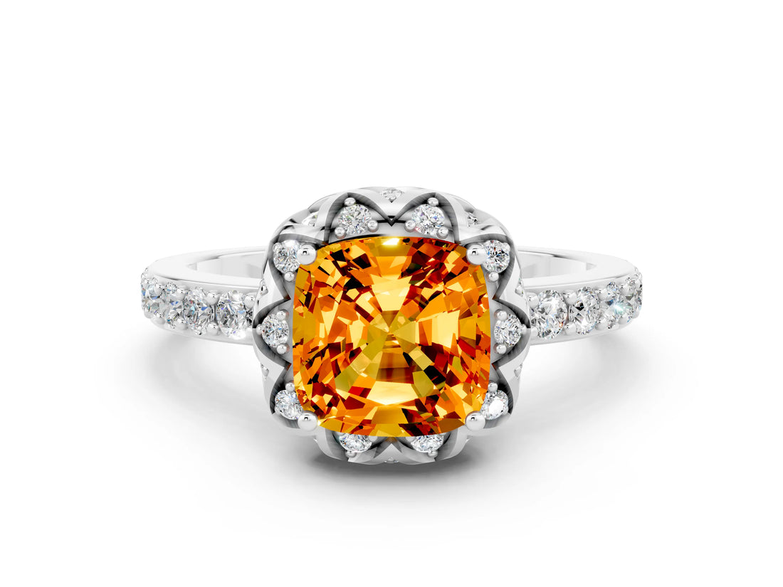 Silver Cushion Cut Citrine Scalloped Halo Engagement Ring with Round Shared Prong Band_180