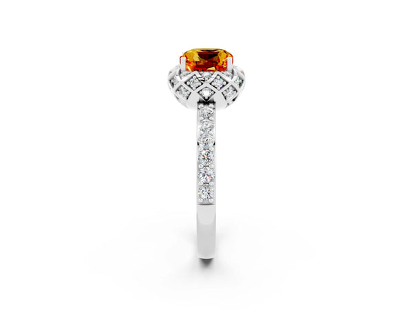 Silver Cushion Cut Citrine Scalloped Halo Engagement Ring with Round Shared Prong Band