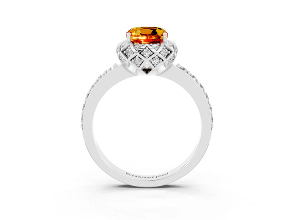 Silver Cushion Cut Citrine Scalloped Halo Engagement Ring with Round Shared Prong Band