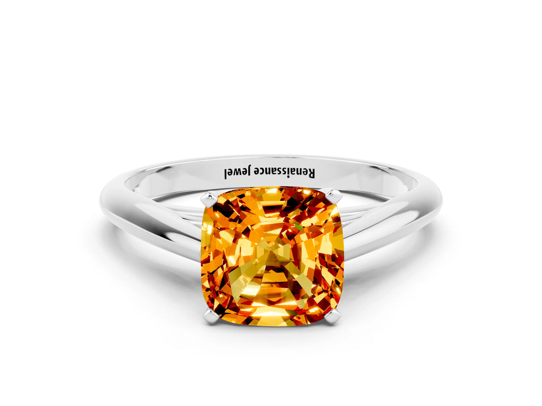 Silver Cushion Cut Citrine Solitaire Engagement Ring with Cathedral Setting and Four-Prong Mount_12