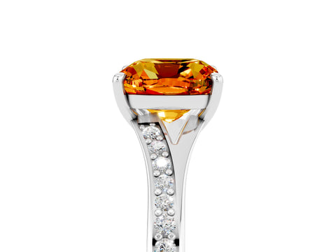 Silver Cushion Cut Citrine Solitaire Ring with Pavé Band and Prong Setting_17