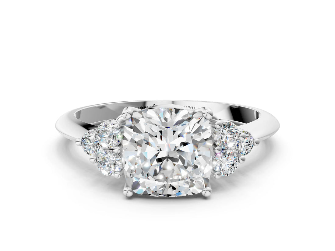 Silver Cushion Cut Cut Diamond Cluster Ring with Solitaire Band and Four-Prong Setting_7