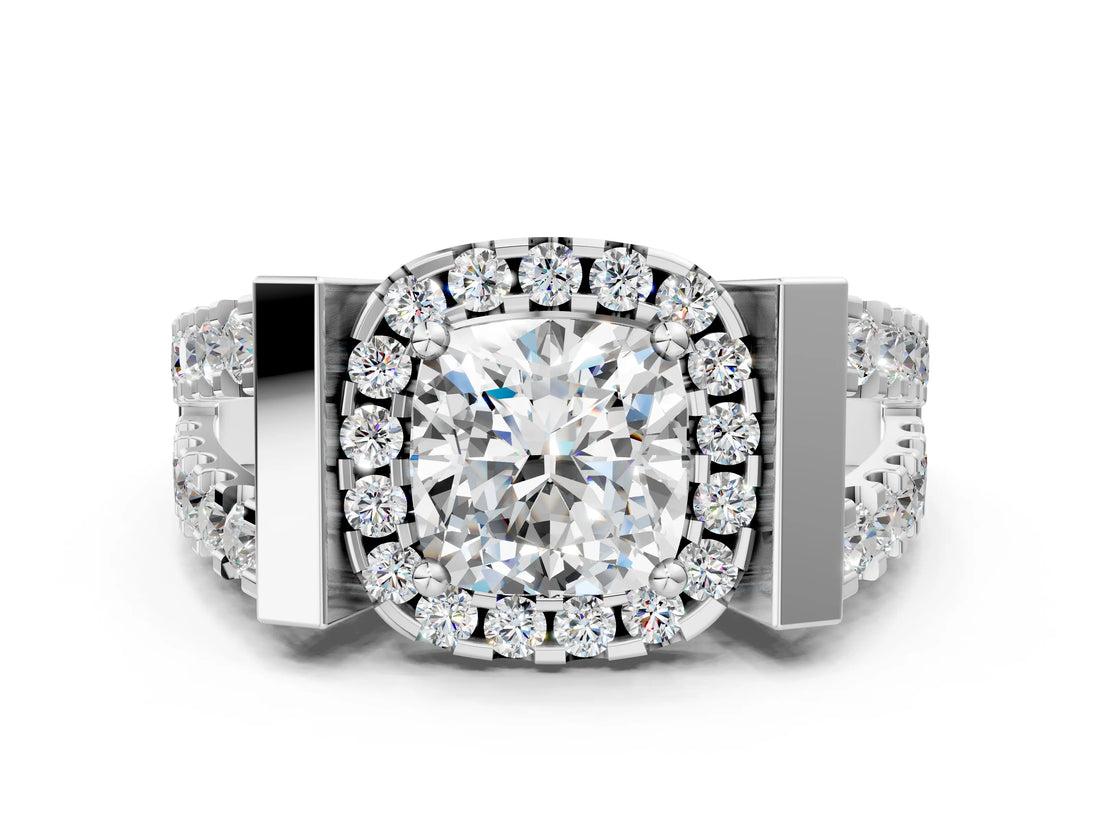 Silver Cushion Cut Cut Halo Split Shank Prong Set Ring_7
