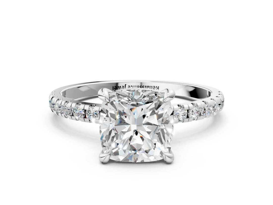 Silver Cushion Cut Diamond Brilliant Solitaire Ring with Pavé Band and Four-Prong Setting_17