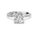 Silver Cushion Cut Diamond Brilliant Solitaire Ring with Pavé Band and Four-Prong Setting_17