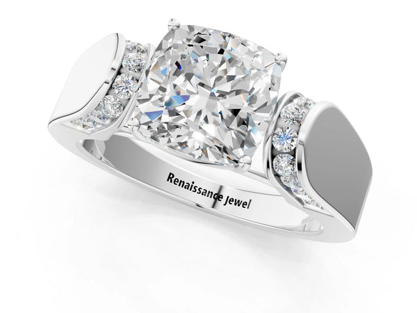 Sterling Silver Cushion Cut Channel Set Engagement Ring Setting with Accented Shoulders on Wide Band