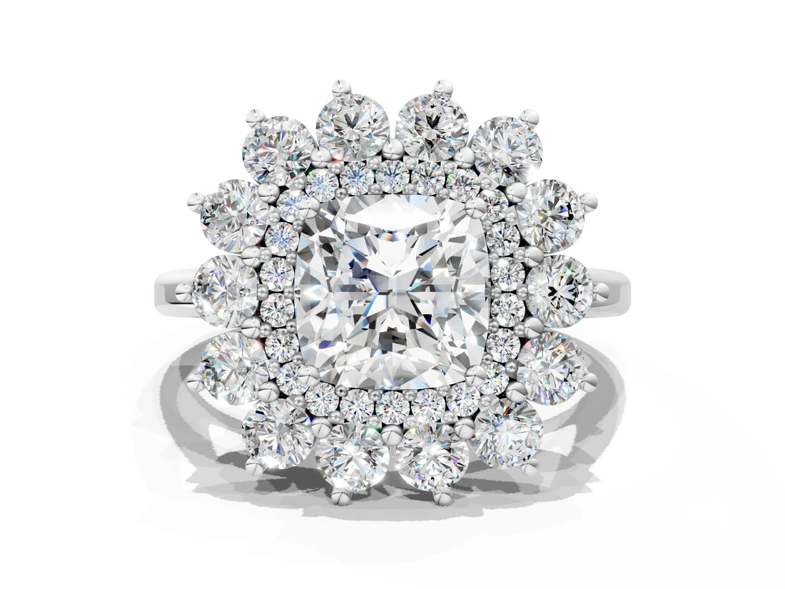 Silver Cushion Cut Diamond Floral Double Halo Engagement Ring with Prong Setting_67