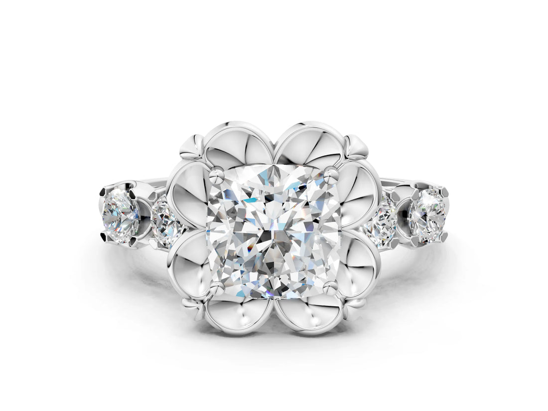 Silver Cushion Cut Diamond Floral Halo Engagement Ring with Shared Prong Setting 1