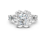 Silver Cushion Cut Diamond Floral Halo Engagement Ring with Shared Prong Setting 1