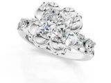 Silver Cushion Cut Diamond Floral Halo Engagement Ring with Shared Prong Setting 2