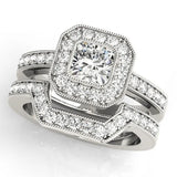 Silver Cushion-Cut Diamond Halo Engagement Ring with Pave Band and Prong Setting 1