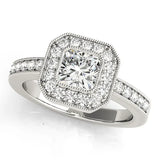 Silver Cushion-Cut Diamond Halo Engagement Ring with Pave Band and Prong Setting