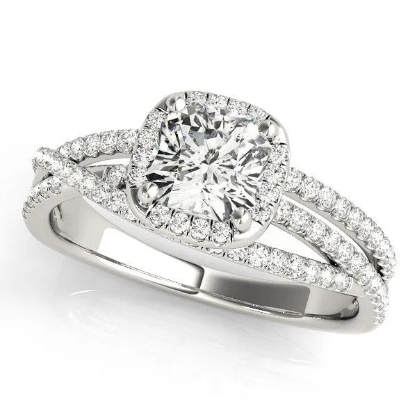Silver Cushion Cut Diamond Halo Engagement Ring with Twisted Split Shank Pavé Band