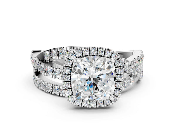 Sterling Silver Cushion Cut Halo Engagement Ring Setting with Twisted Pave Split Shank