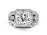 Silver Cushion Cut Diamond Halo Ring with Split Shank and Bezel Accents and Four-Prong Setting_13