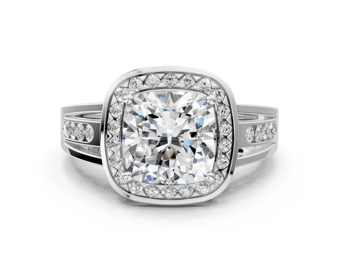 Silver Cushion Cut Diamond Halo Ring with Split Shank and Bezel Accents and Prong Setting_13