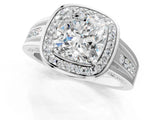 Silver Cushion Cut Diamond Halo Ring with Split Shank and Bezel Accents and Prong Setting_14