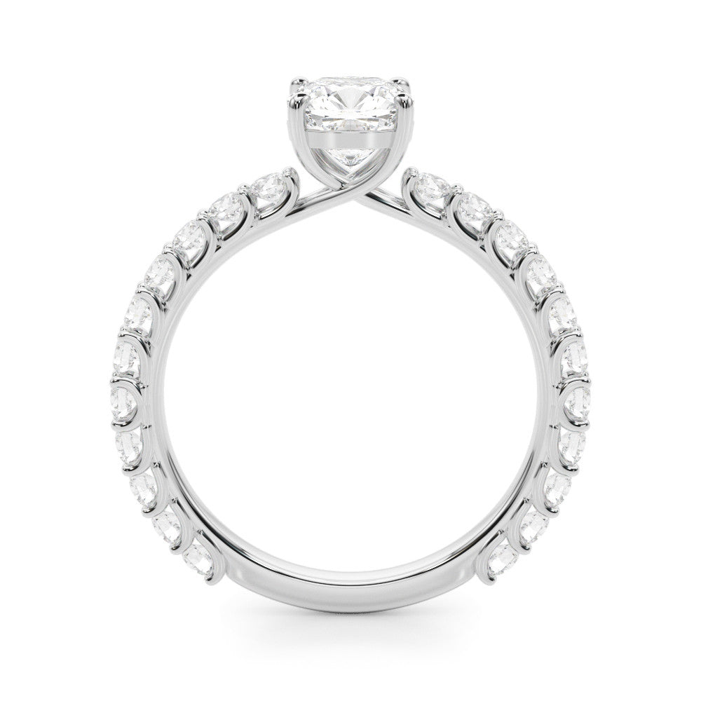 Silver Cushion Cut Diamond Pavé Band Solitaire with Four-Prong Setting 1