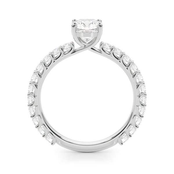 White gold Radiant Cut Diamond Solitaire Ring with U-Prong Diamond Band and Four Prong Setting