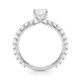 Silver 1.09 Carat F VS1 Cushion Cut Diamond Solitaire Ring with U-Prong Diamond Band and Four Prong Setting
