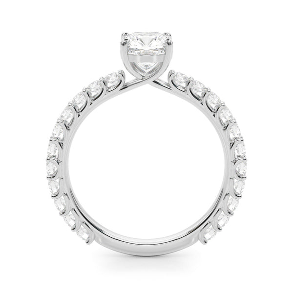 Silver 1.09 Carat F VS1 Cushion Cut Diamond Solitaire Ring with U-Prong Diamond Band and Four Prong Setting