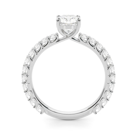 Silver Cushion Cut Diamond Pavé Band Solitaire with Four-Prong Setting 1