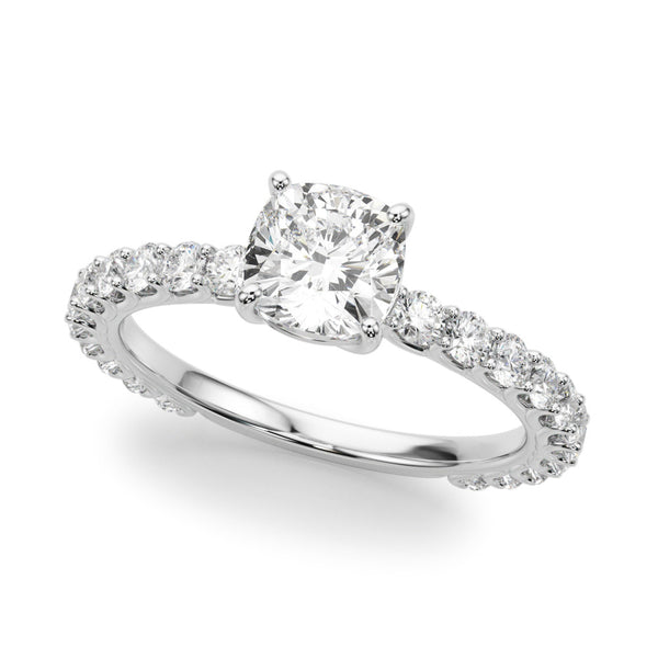 White gold Radiant Cut Diamond Solitaire Ring with U-Prong Diamond Band and Four Prong Setting