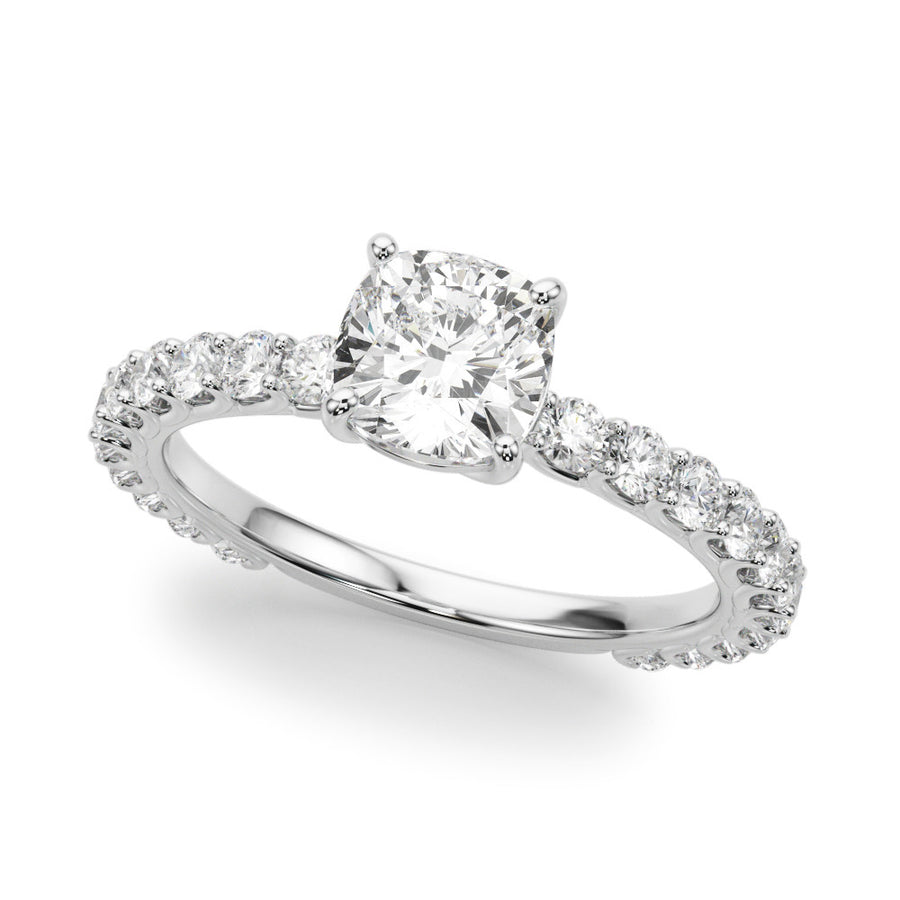 White gold Radiant Cut Diamond Solitaire Ring with U-Prong Diamond Band and Four Prong Setting