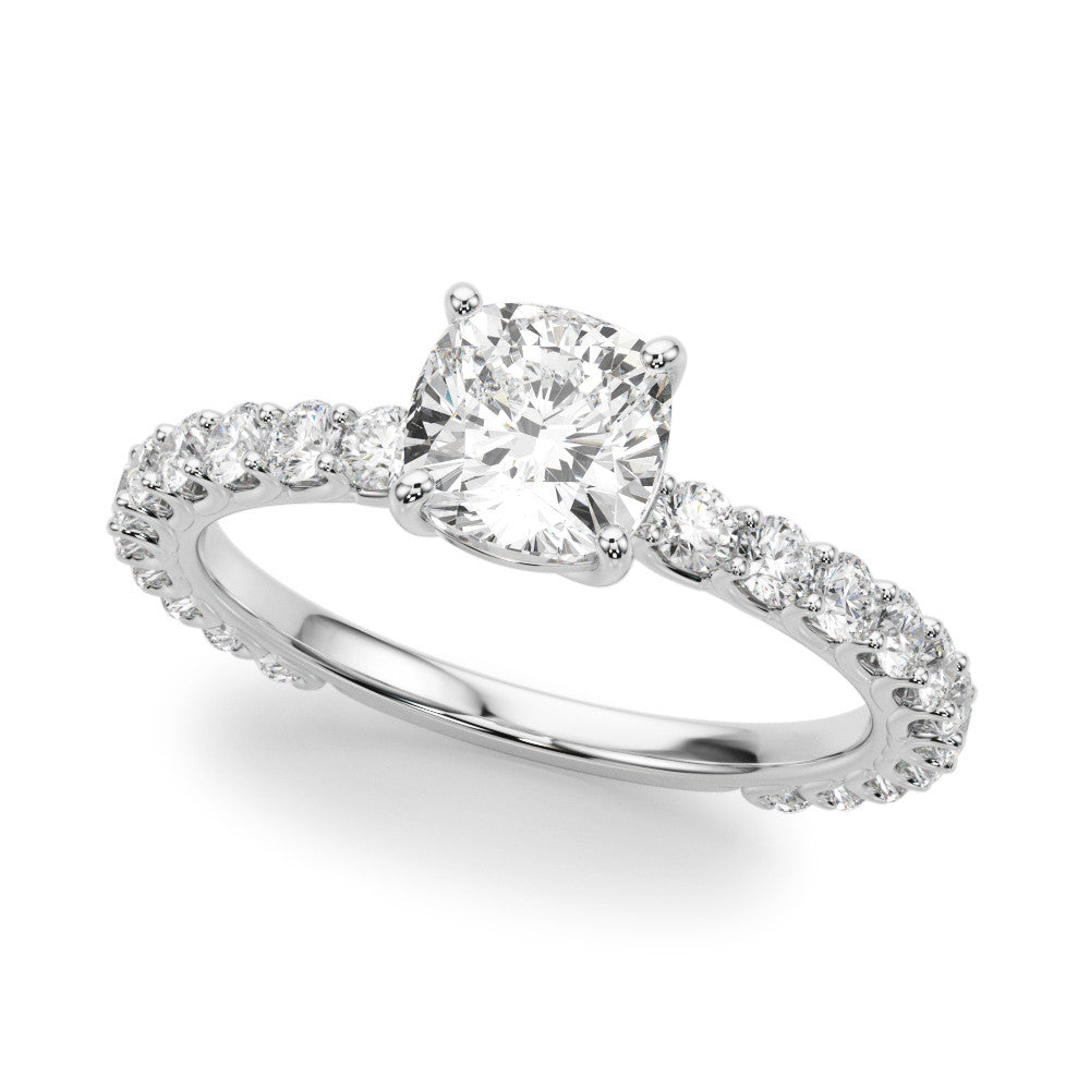 Silver 1.09 Carat F VS1 Cushion Cut Diamond Solitaire Ring with U-Prong Diamond Band and Four Prong Setting