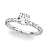 Silver 1.09 Carat F VS1 Cushion Cut Diamond Solitaire Ring with U-Prong Diamond Band and Four Prong Setting
