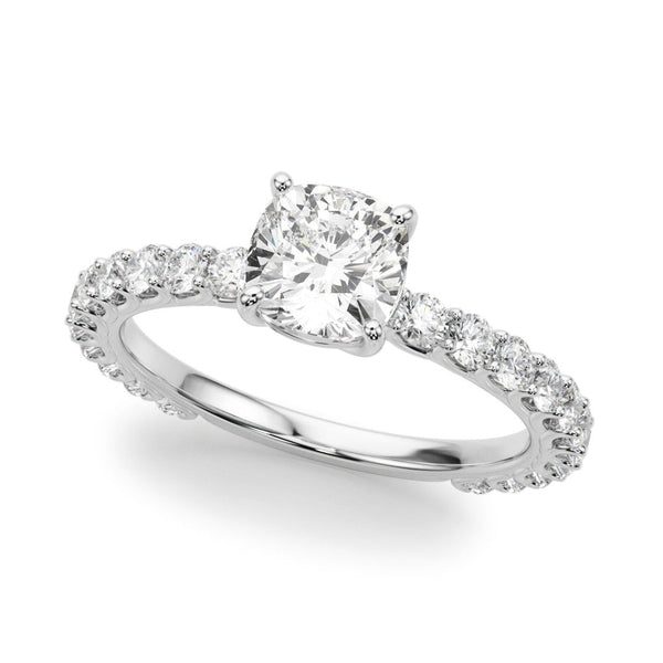 Silver 1.09 Carat F VS1 Cushion Cut Diamond Solitaire Ring with U-Prong Diamond Band and Four Prong Setting