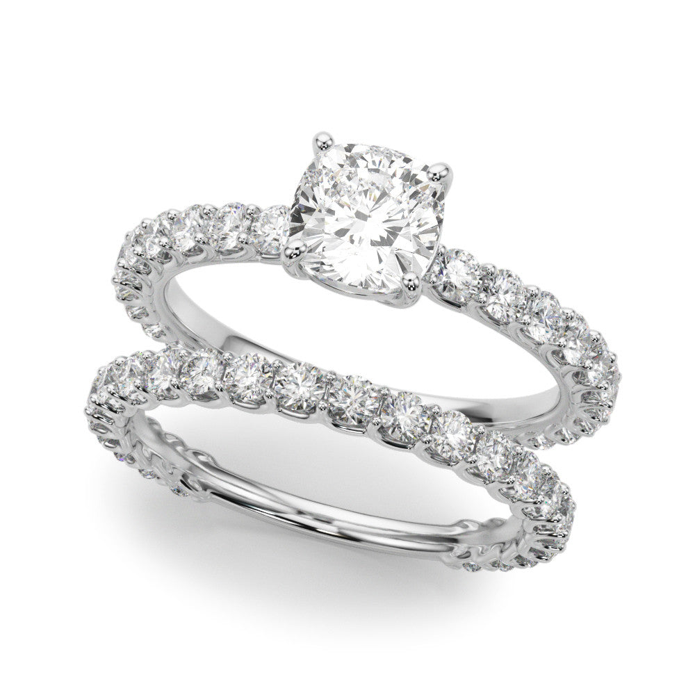 Silver Cushion Cut Diamond Pavé Band Solitaire with Four-Prong Setting