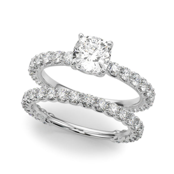 White gold Radiant Cut Diamond Solitaire Ring with U-Prong Diamond Band and Four Prong Setting