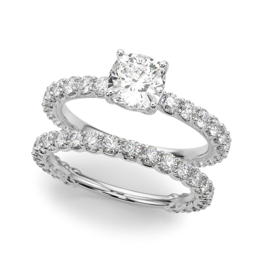 White gold Oval Cut Diamond Solitaire Ring with U-Prong Diamond Band and Four Prong Setting