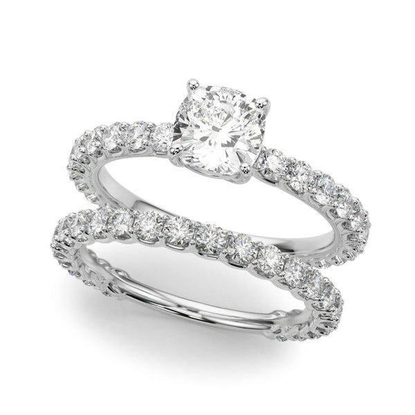 Silver 1.09 Carat F VS1 Cushion Cut Diamond Solitaire Ring with U-Prong Diamond Band and Four Prong Setting