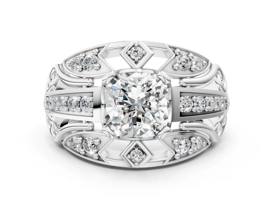 Silver Cushion Cut Diamond Pave Art Deco Split Shank Ring with Four-Prong Setting_13