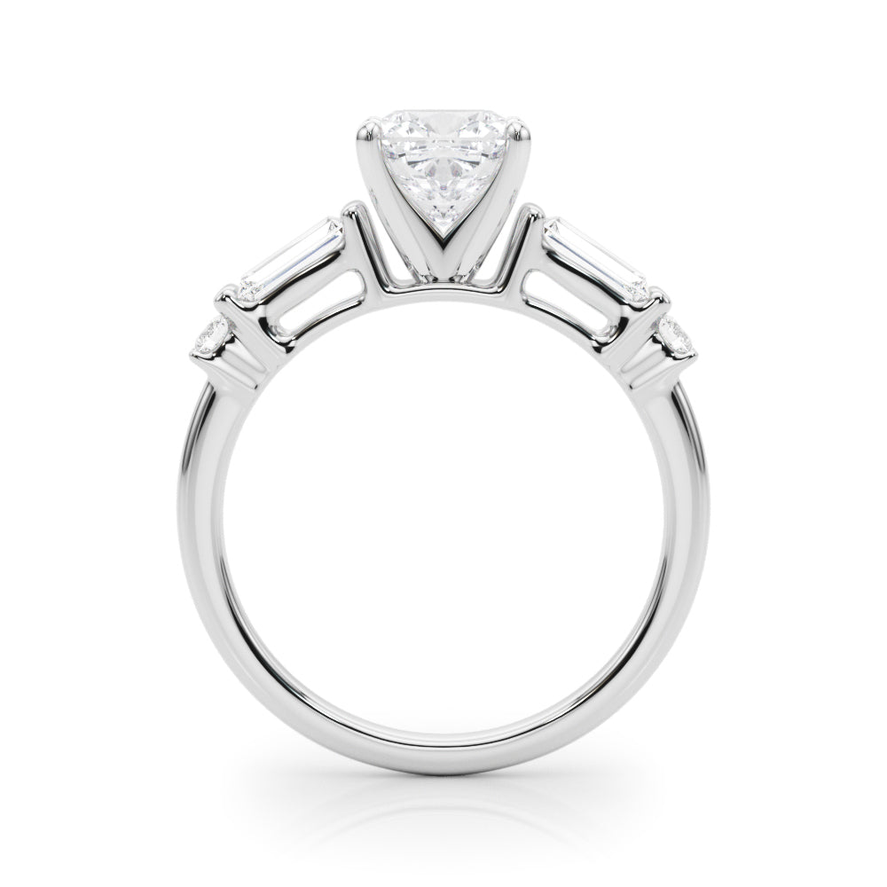 Silver Cushion Cut Diamond Ring with Baguette Side Stones, Channel Set Band, and Four-Prong Setting 1