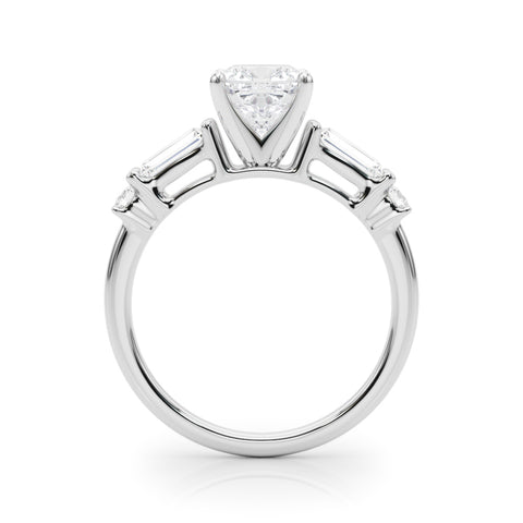 Silver Cushion Cut Diamond Ring with Baguette Side Stones, Channel Set Band, and Four-Prong Setting 1