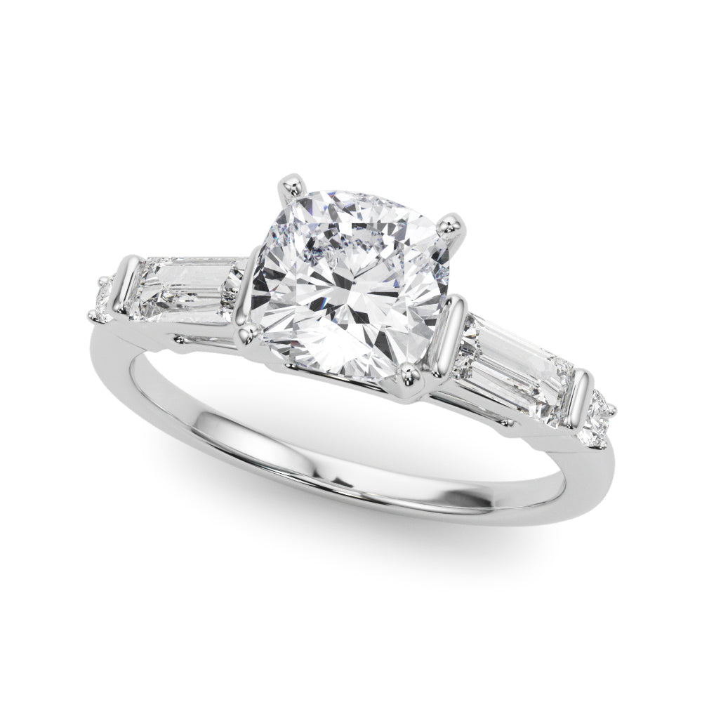 Silver Cushion Cut Diamond Ring with Baguette Side Stones, Channel Set Band, and Four-Prong Setting 2