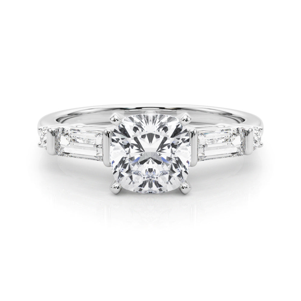 Silver Cushion Cut Diamond Ring with Baguette Side Stones, Channel Set Band, and Four-Prong Setting
