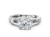 Silver Cushion Cut Diamond Ring with Baguette Side Stones, Channel Set Band, and Four-Prong Setting_33