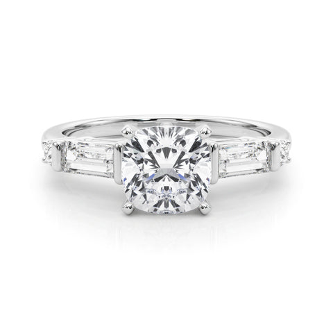 Silver Cushion Cut Diamond Ring with Baguette Side Stones, Channel Set Band, and Four-Prong Setting