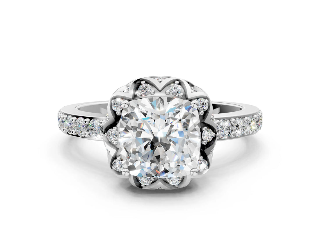 Silver Cushion Cut Diamond Scalloped Halo Engagement Ring with Round Shared Prong Band_12