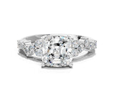 Silver Cushion Cut Diamond Scattered Round Accent Ring with Prong Setting_6