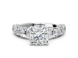 Silver Cushion Cut Diamond Side Stone Engagement Ring with Four-Prong Setting
