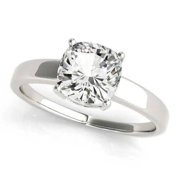 Silver Cushion Cut Diamond Solitaire Engagement Ring with Four-Prong Setting and Plain Band