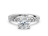 Silver Cushion Cut Diamond Solitaire Pavé Engagement Ring with Round Band and Prong Setting_1