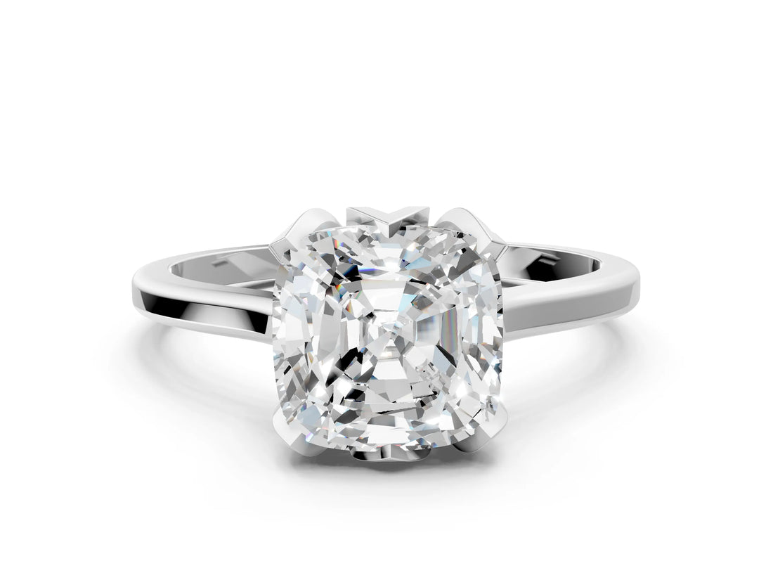 Silver Cushion Cut Diamond Solitaire Ring with Flower Prong Setting and Classic Band_17