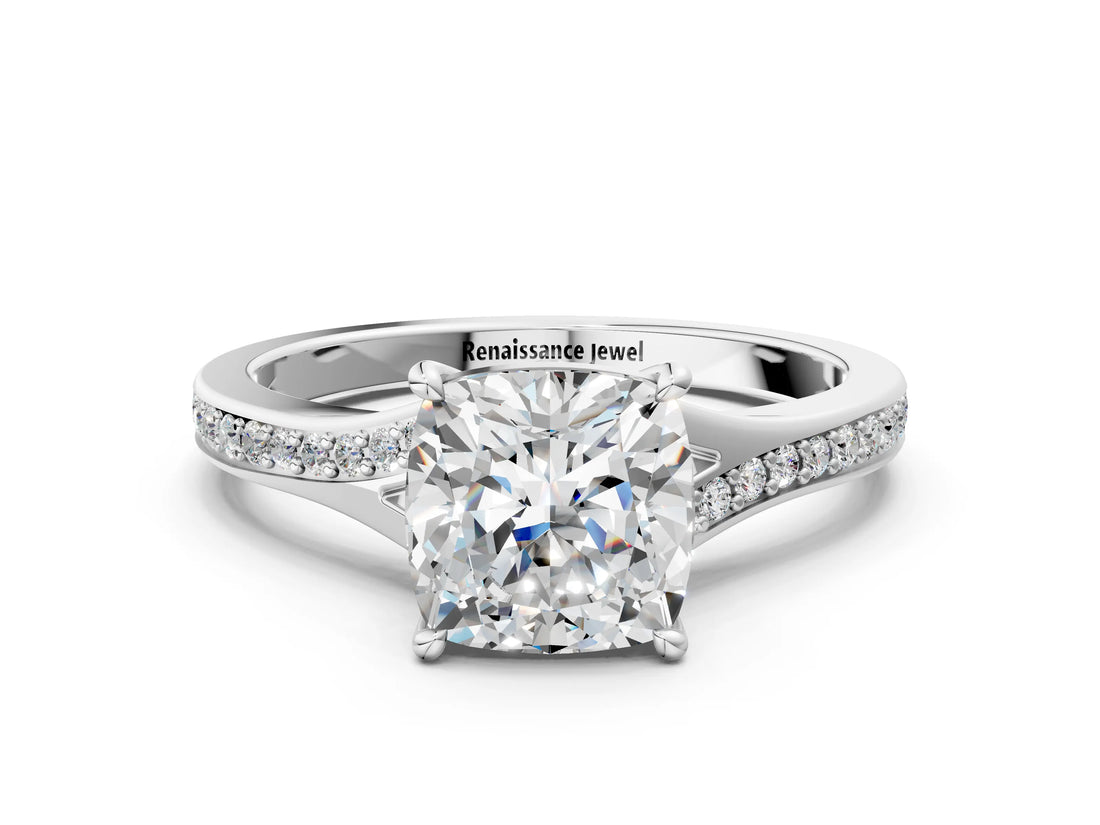 Silver Cushion Cut Diamond Solitaire Ring with Pavé Band and Prong Setting_28